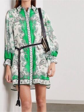 Alice + Olivia 'Oralia' paisley print mini Shirt Dress w black belt, size 2, euc